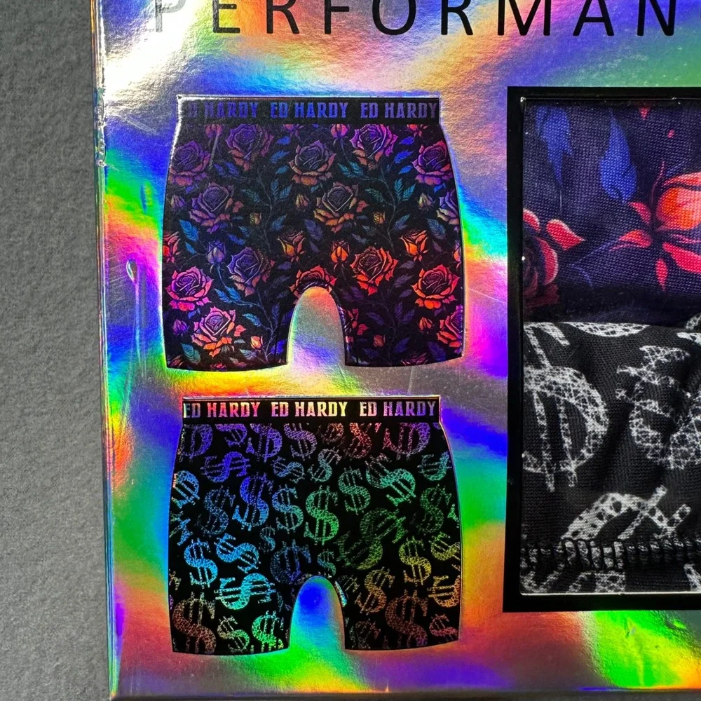 Ed Hardy Boxer Briefs Mens Medium Multi Performance 4 Pack Tattoo Dollar Rose